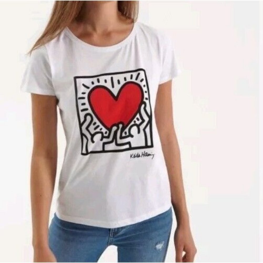 HOODIES Vintage Kieth Women Harring T-Shirt Cotton Heart White Size Small